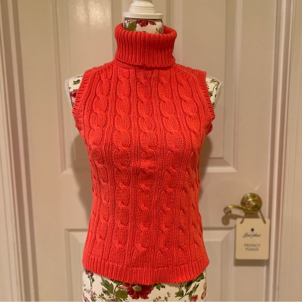Jeanne Pierre coral cable knit sleeveless turtleneck sweater - S